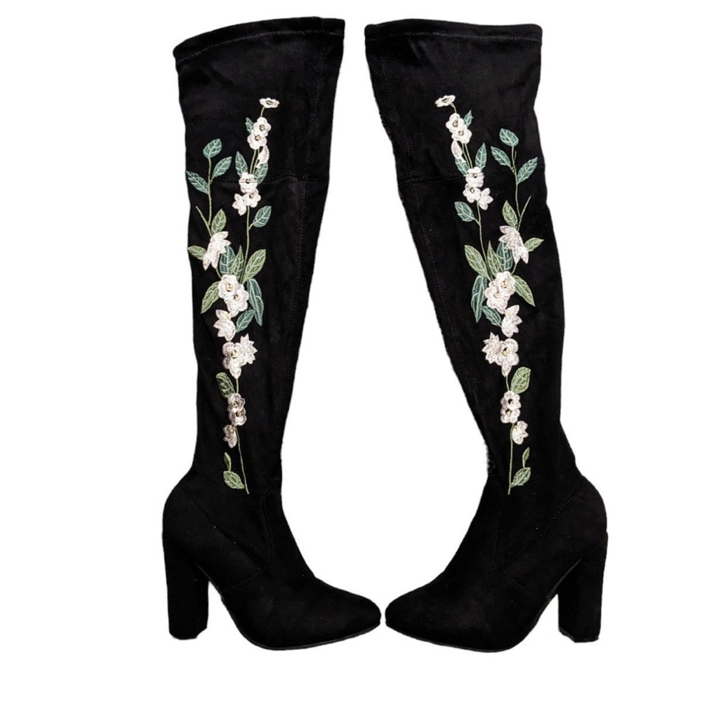 Floral embroidered knee high boots